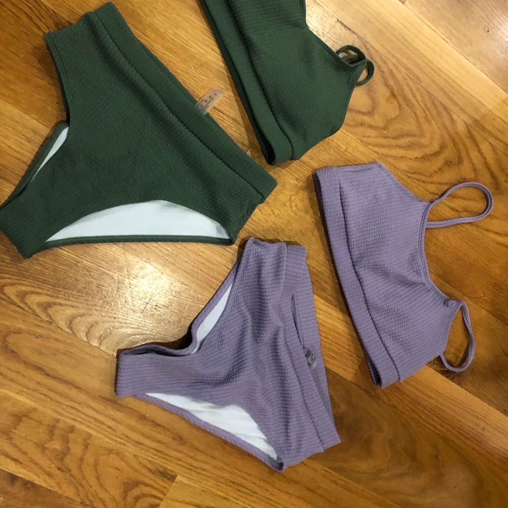 2 Shein athletic high cut bikinis olive gr & lilac sz S; NWT; Buy tog. or sep.